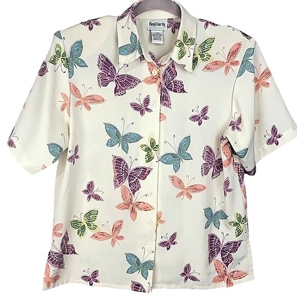 90s Vintage Ivory Pastel Butterfly Cottage Whimsical Button Down Blouse Size XSP - Picture 1 of 13